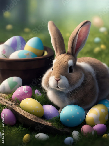 Happy bunny rabbits with easter eggs, Generative AI Illustration.