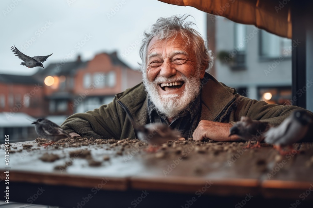 Close-up portrait photography of a grinning old man feeding birds with crumbs against a lively rooftop bar background. With generative AI technology Close-up portrait photography of a grinning old man feeding birds with crumbs against a lively rooftop bar background. With generative AI technology