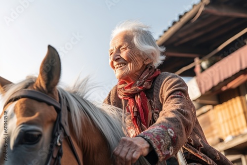 Close-up portrait photography of a satisfied old woman riding a horse against a lively rooftop bar background. With generative AI technology © Markus Schröder