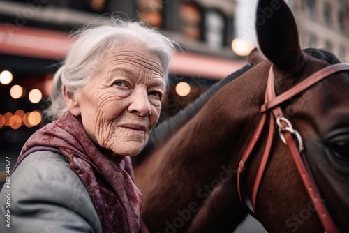 Close-up portrait photography of a satisfied old woman riding a horse against a lively rooftop bar background. With generative AI technology