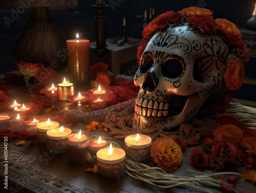 Day of the Dead sugar skull makeup with flowers and candles on dark background Created with Generative AI technology