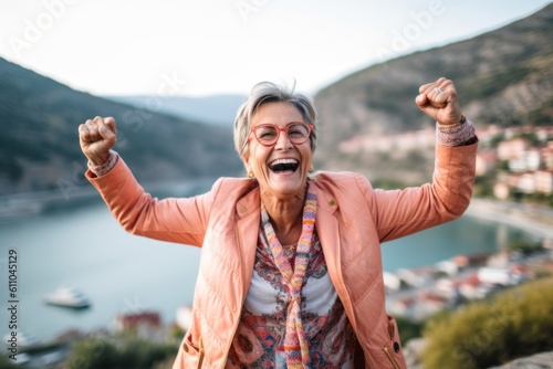 Medium shot portrait photography of a happy mature woman celebrating with his fists against a scenic cliffside village background. With generative AI technology