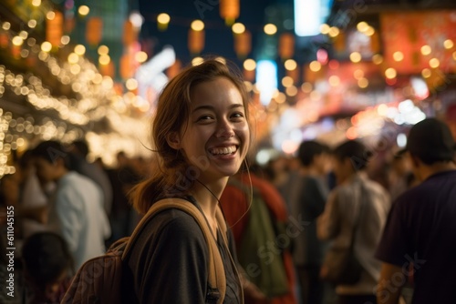 Medium shot portrait photography of a happy girl in her 30s drawing against a lively night market background. With generative AI technology