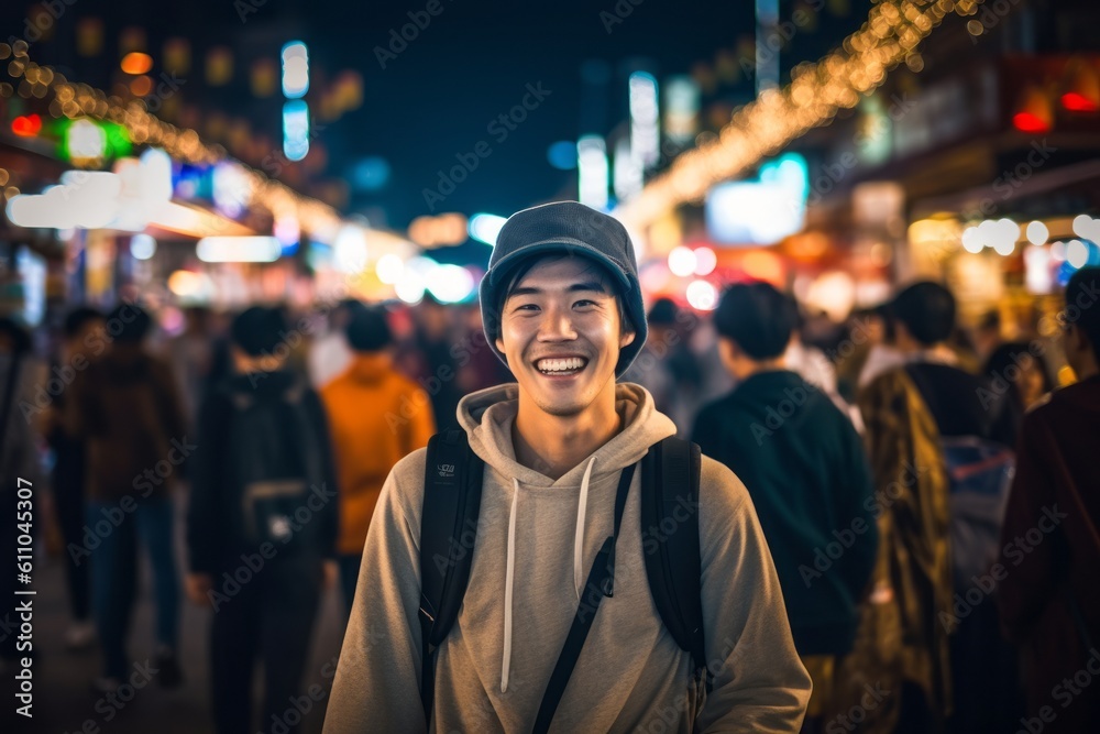 Environmental portrait photography of a grinning mature boy walking with a dog against a lively night market background. With generative AI technology Environmental portrait photography of a grinning mature boy walking with a dog against a lively night market background. With generative AI technology