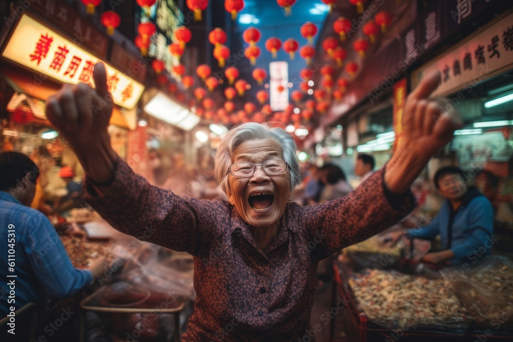 Medium shot portrait photography of a glad old woman jumping with hands up against a lively night market background. With generative AI technology