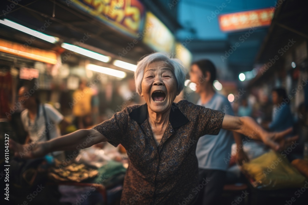 Medium shot portrait photography of a glad old woman jumping with hands up against a lively night market background. With generative AI technology