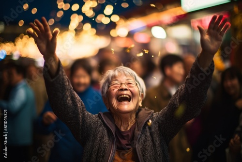 Environmental portrait photography of a happy mature girl celebrating winning against a lively night market background. With generative AI technology