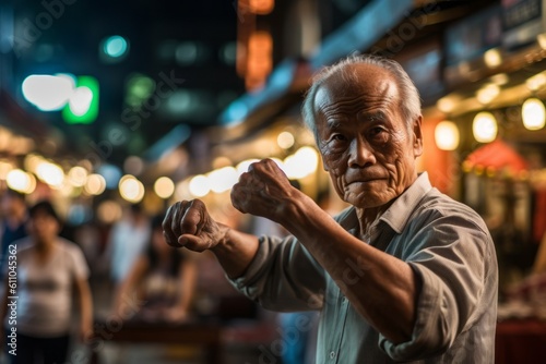 Lifestyle portrait photography of a satisfied old man working out against a lively night market background. With generative AI technology © Markus Schröder