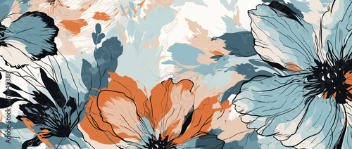 floral pattern, blue, browns, abstract, minimalistic, soft, dreamlike, brushstrokes, detailed, layered compositions, wallpaper, light navy, sky-blue, exotic, vector,  generative ai	