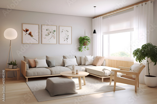 Contemporary Interior Design Background. nterior of living room with green houseplants and sofas. Scandinavian Living Room. © Tanuha