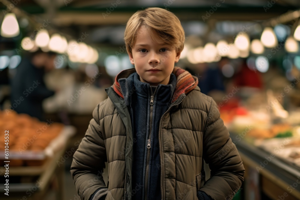 Medium shot portrait photography of a glad kid male with crossed arms against a bustling indoor market background. With generative AI technology Medium shot portrait photography of a glad kid male with crossed arms against a bustling indoor market background. With generative AI technology