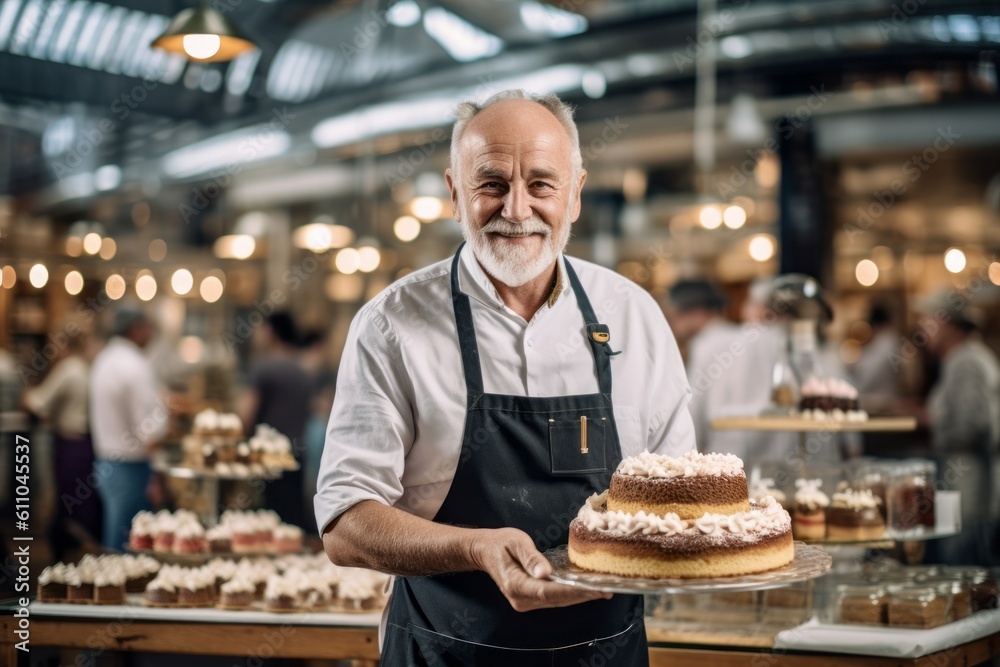 Environmental portrait photography of a glad mature man making a cake against a bustling indoor market background. With generative AI technology