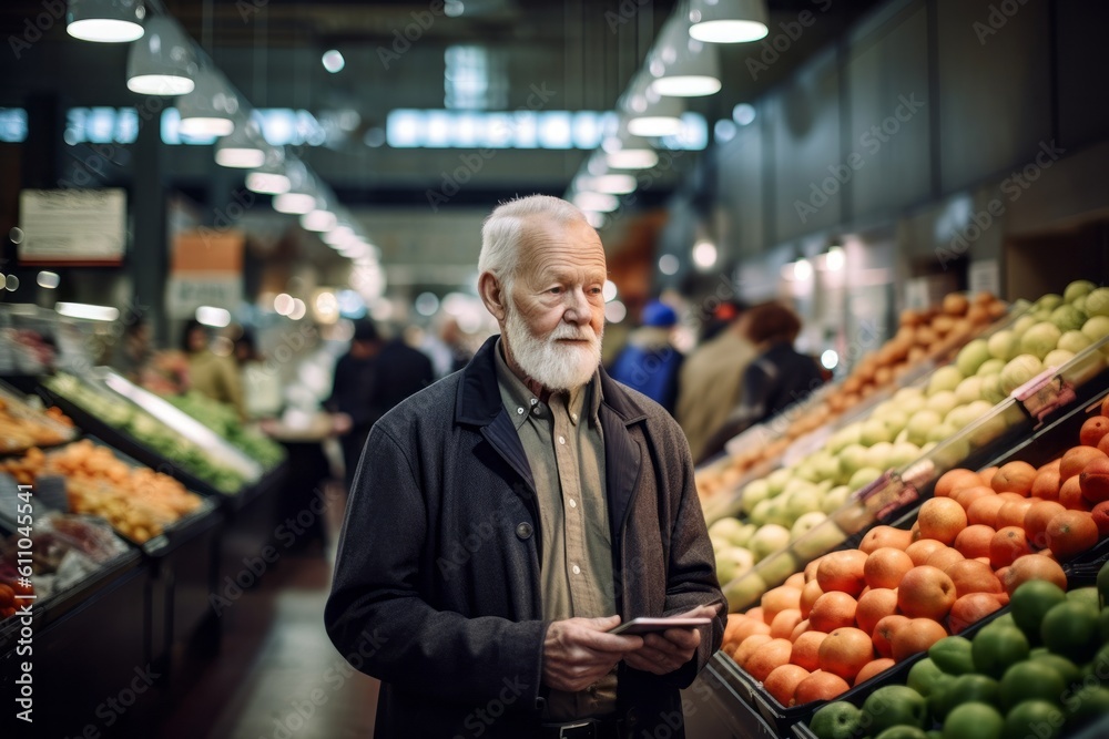 Environmental portrait photography of a glad mature man using the mobile against a bustling indoor market background. With generative AI technology Environmental portrait photography of a glad mature man using the mobile against a bustling indoor market background. With generative AI technology