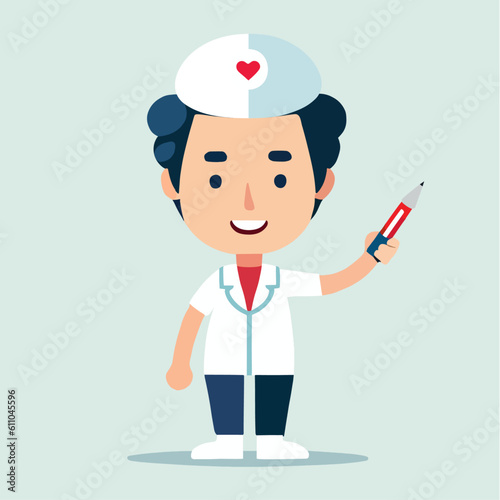 Cardiologist, nurse with pen showing results. Doctor illustration pointing on, doctor in uniform with heart, cute cartoon vector design