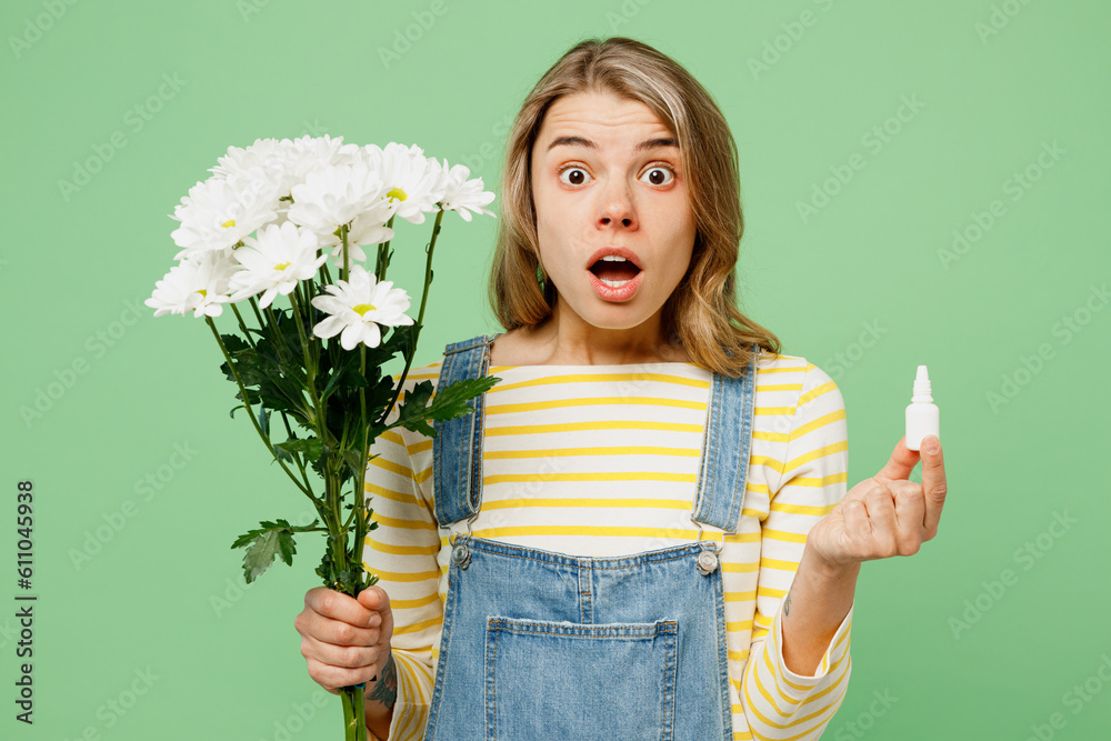 Sick unhealthy ill allergic shocked sad woman has red watery eyes runny