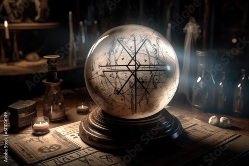 magic crystal ball surrounded by mix of ancient runes and modern graphics, created with generative ai