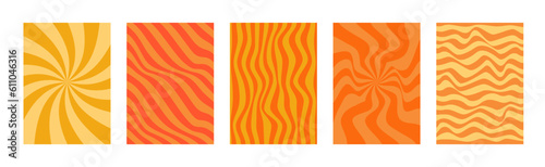 Set of abstract groovy hippie backgrounds in yellow and orange colors. Distorted and twisted texture in trendy retro psychedelic style.