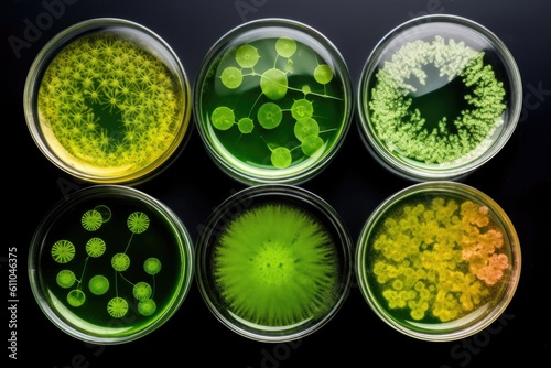 Algae, microalgae in petri dishes research in laboratories. biotechnology, science. Flat lay, top view. Macro. Biofuel research process in laboratory. Generative AI