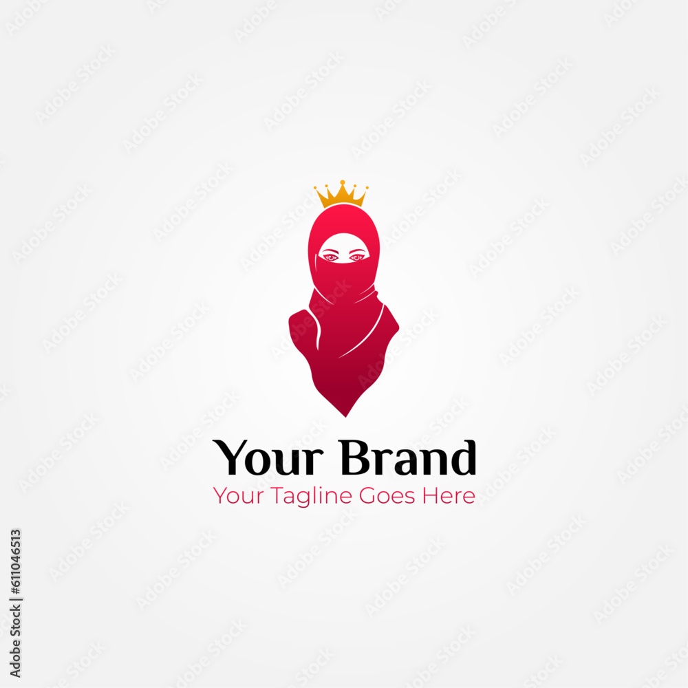 Obraz premium Beautiful Hijab Woman Logo Vector Design wearing a red gradient crown