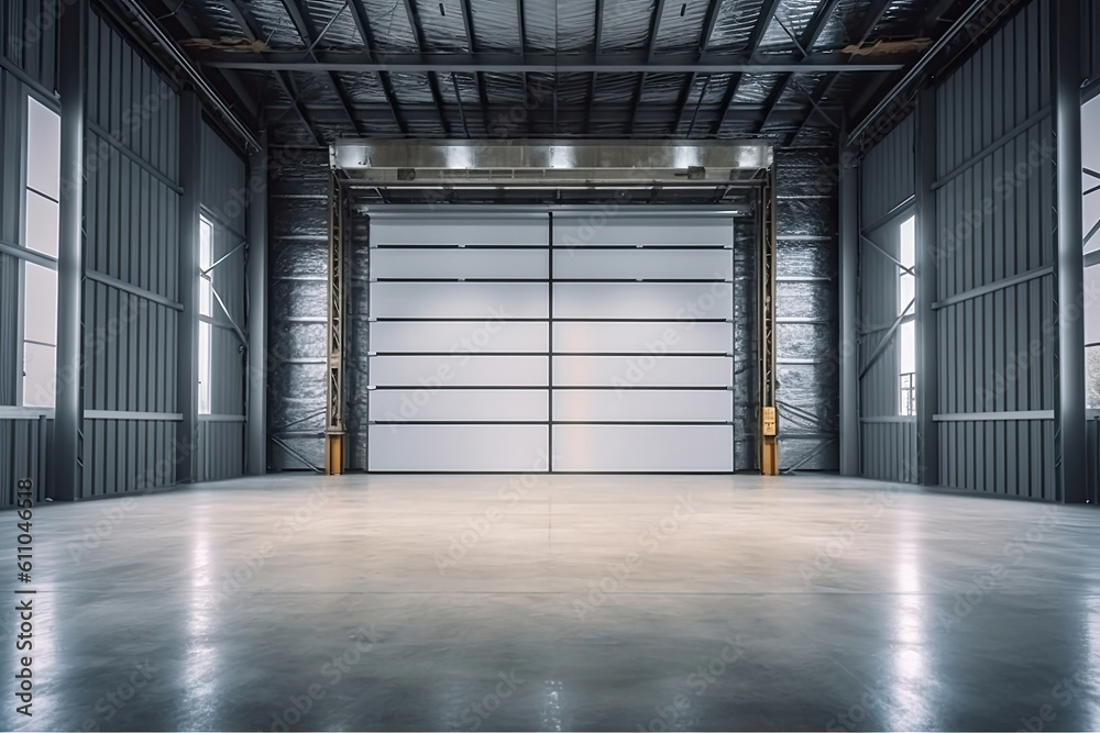 Roller door or roller shutter using for factory, warehouse or hangar. Industrial building interior consist of polished concrete floor, Generative AI