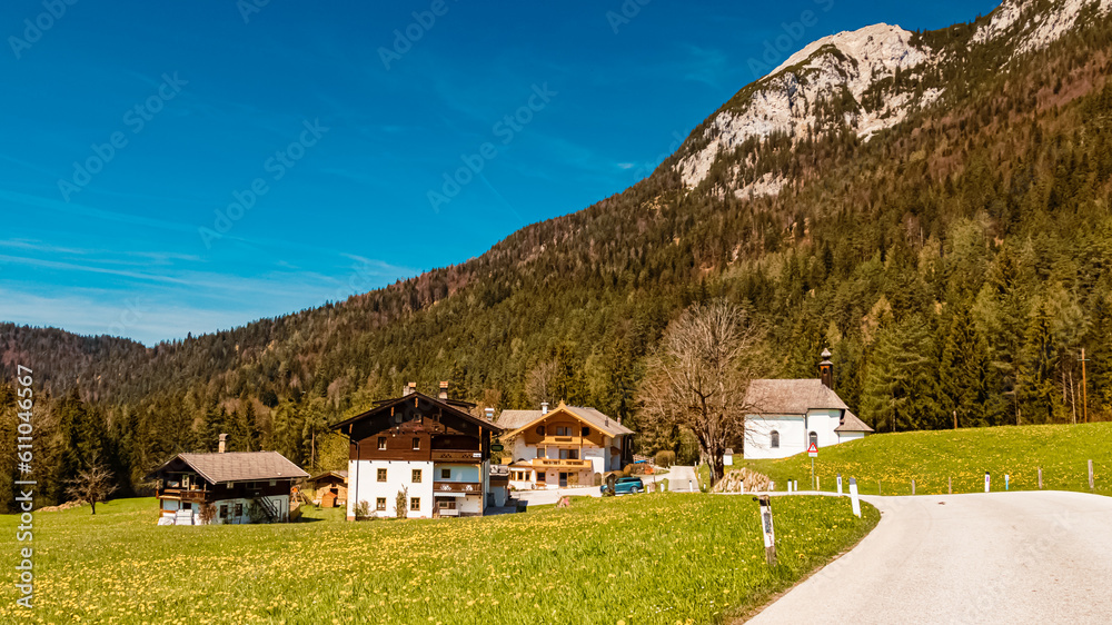Alpine summer view with a chapel near Lake Hintersteiner See, Scheffau, Mount Wilder Kaiser, Tyrol, Austria Alpine summer view with a chapel near Lake Hintersteiner See, Scheffau, Mount Wilder Kaiser, Tyrol, Austria