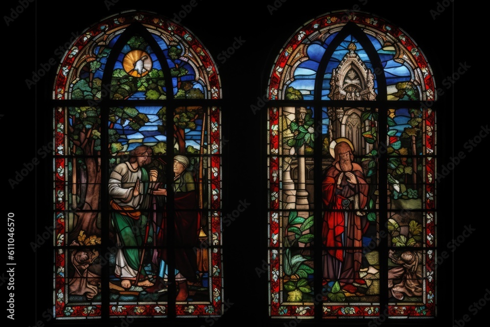 two-panel mosaic and stained glass window, with religious figures depicted in both panels, created with generative ai
