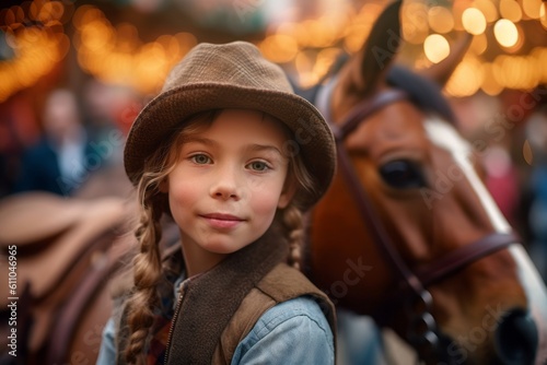 Medium shot portrait photography of a satisfied kid female riding a horse against a bustling art fair background. With generative AI technology