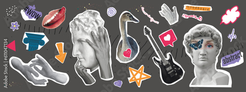 Set of modern stickers. Retro style. Poster with hands. David and collage Psychedelic background. Multicolored geometric elements. . set of doodle collage elements. Pictures for social networks
