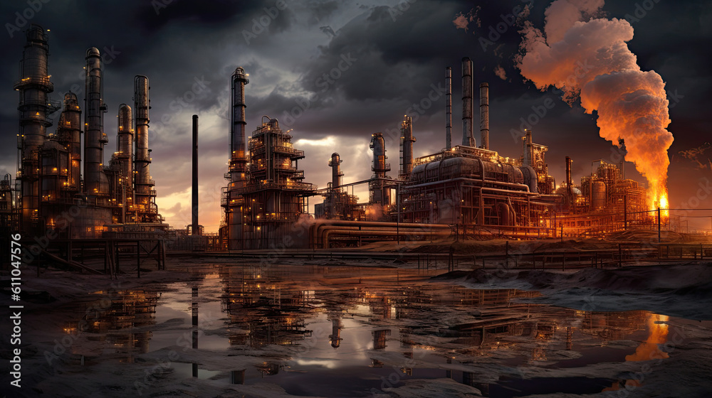 Oil refinery at twilight, Generative AI