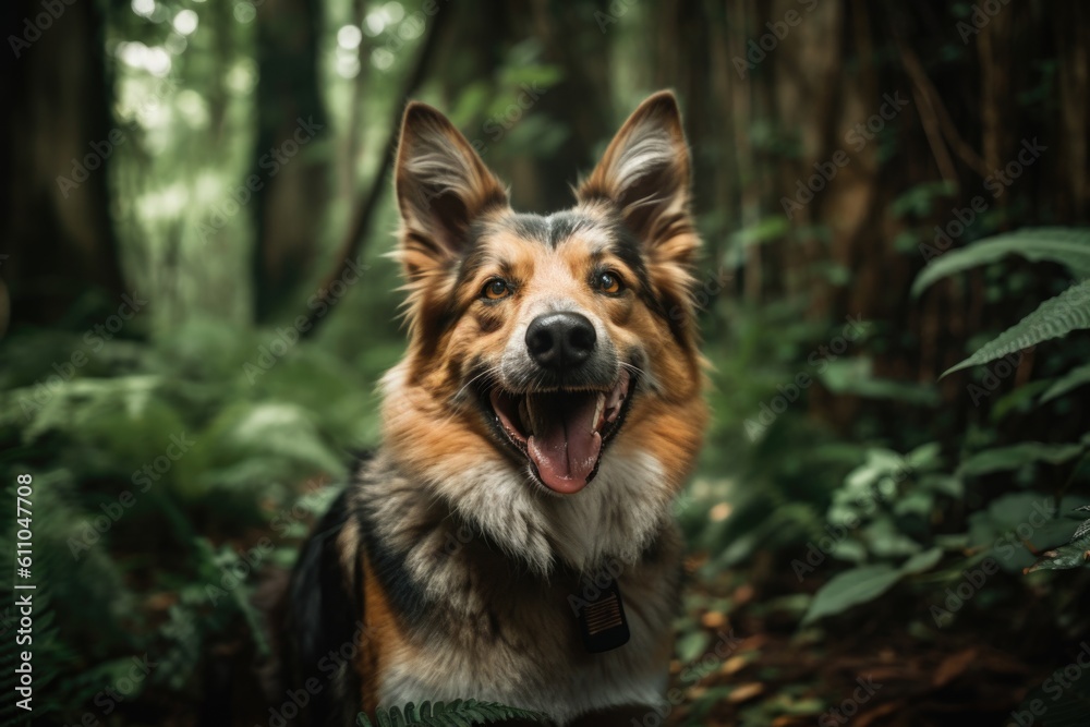 portrait of happy dog with its tongue hanging out, surrounded by lush green forest, created with generative ai portrait of happy dog with its tongue hanging out, surrounded by lush green forest, created with generative ai