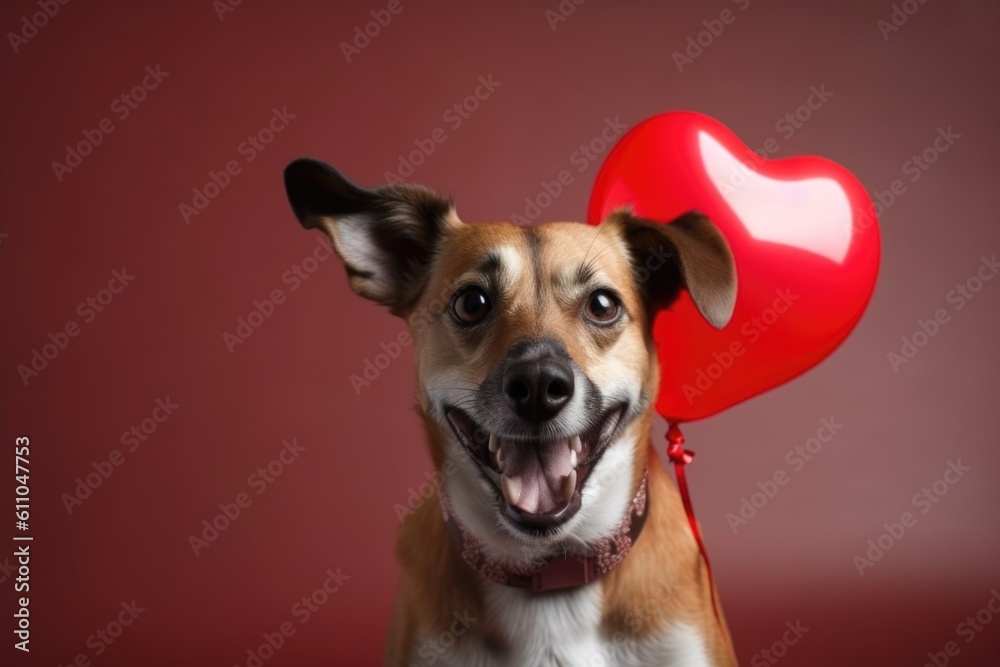 portrait of happy dog with heart shaped balloon in its mouth, created with generative ai