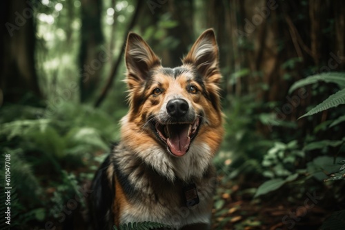 portrait of happy dog with its tongue hanging out, surrounded by lush green forest, created with generative ai