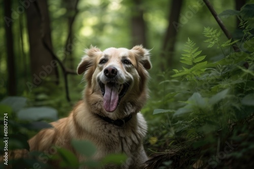 portrait of happy dog with its tongue hanging out  surrounded by lush green forest  created with generative ai