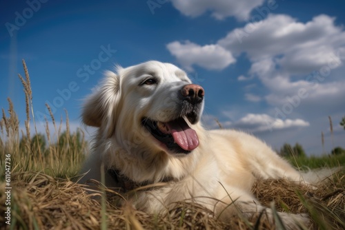 portrait of happy dog lying on grassy field, with beautiful blue sky overhead, created with generative ai