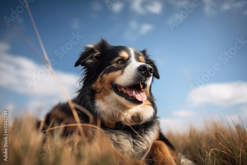 portrait of happy dog lying on grassy field, with beautiful blue sky overhead, created with generative ai © altitudevisual