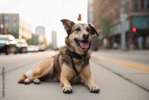 portrait of happy dog sitting on sidewalk, with view of busy city street visible in the background, created with generative ai