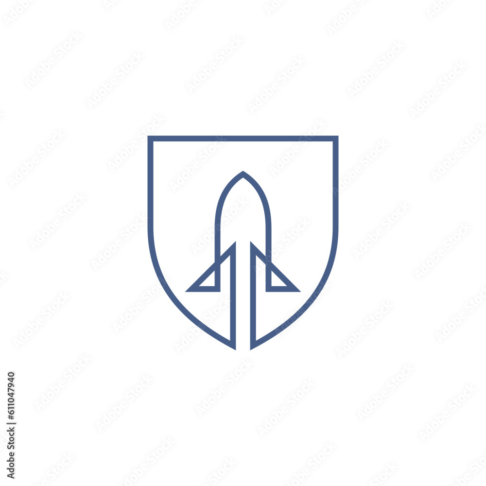 Rocket shield logo in minimalist and simple line art style Rocket shield logo in minimalist and simple line art style