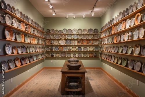 entire wall of pottery and ceramic art in gallery or museum setting, created with generative ai