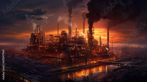 Industrial view at oil refinery plant form industry zone with cloudy sky  Generative AI