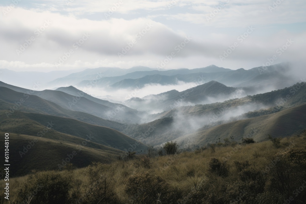 remote mountain range, with misty clouds and rolling hills, in the background, created with generative ai