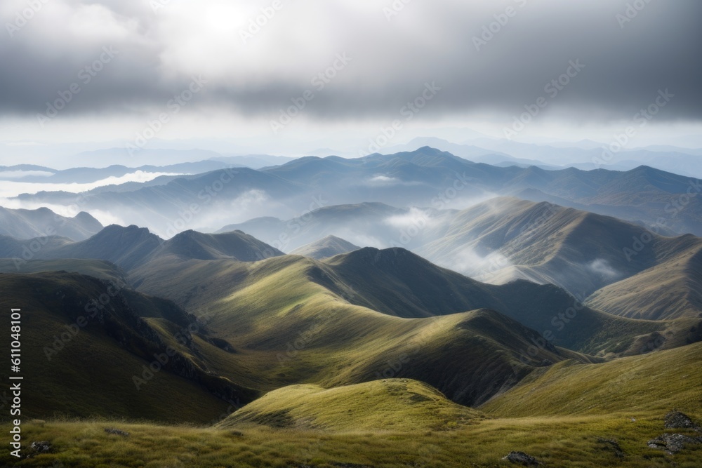 remote mountain range, with misty clouds and rolling hills, in the background, created with generative ai remote mountain range, with misty clouds and rolling hills, in the background, created with generative ai