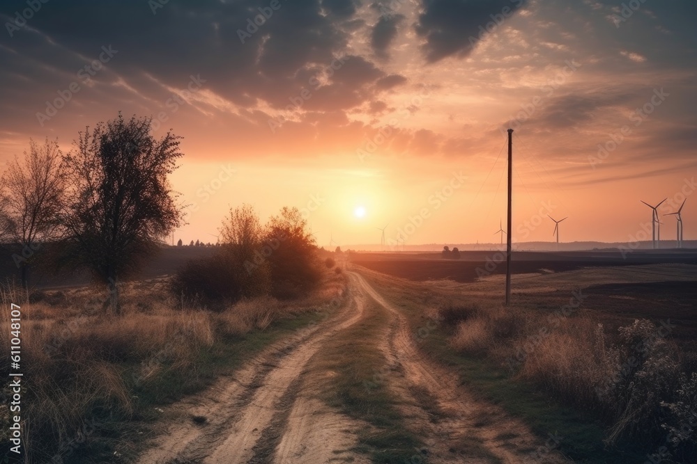 rural landscape with wind turbines and sunset sky, created with generative ai