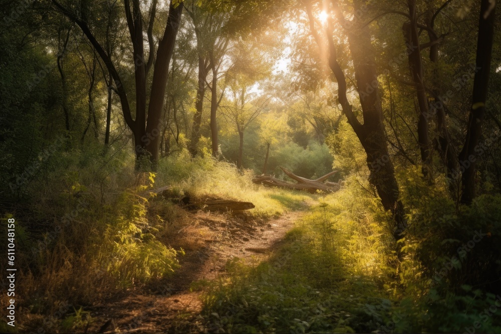 Fototapeta premium rural setting with sunbeams shining through the trees, created with generative ai