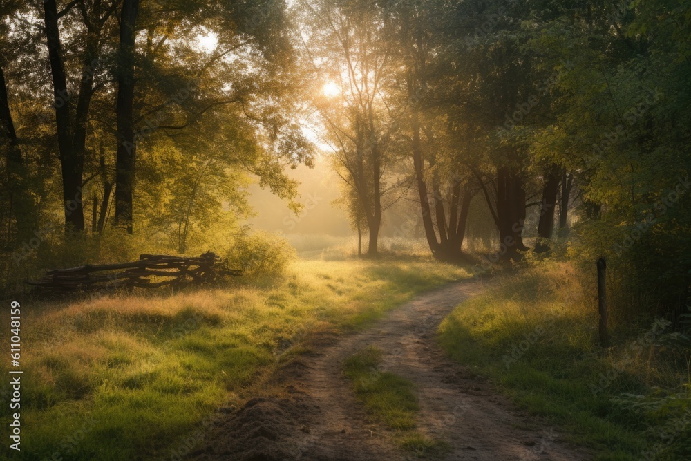 rural setting with sunbeams shining through the trees, created with generative ai