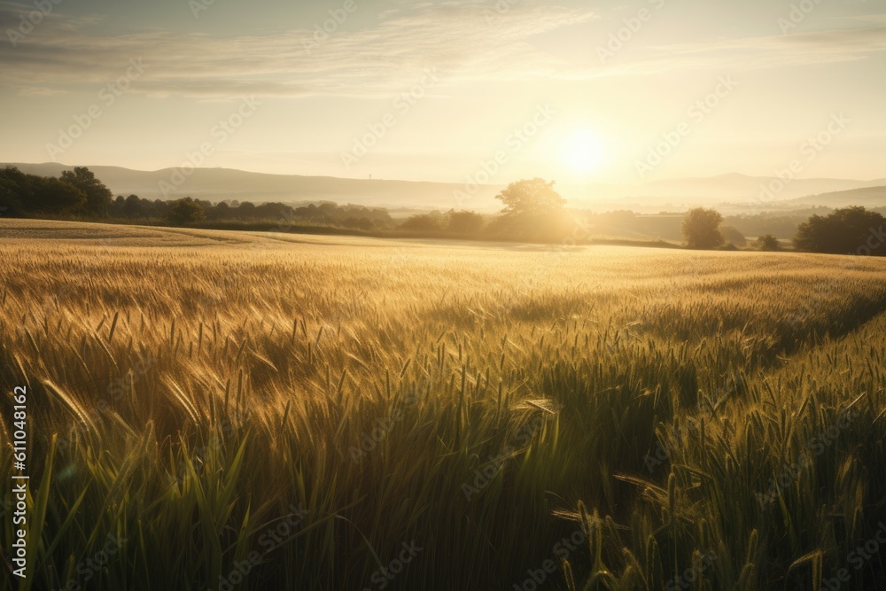 Obraz premium wheat field, with the sun shining down, providing a peaceful and serene setting, created with generative ai