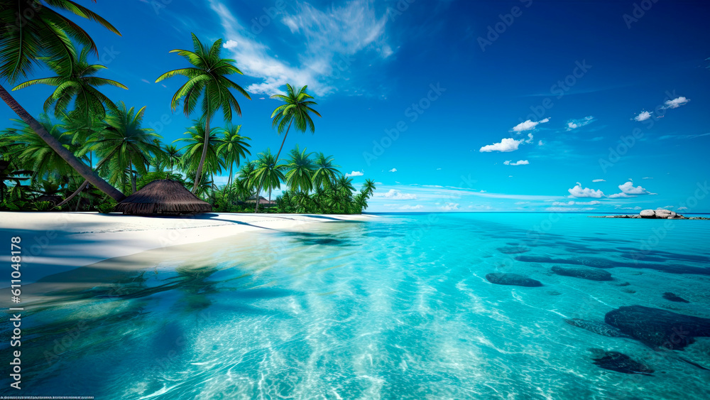 tropical beach, its white sand and clear blue water a perfect place to relax, Generative AI