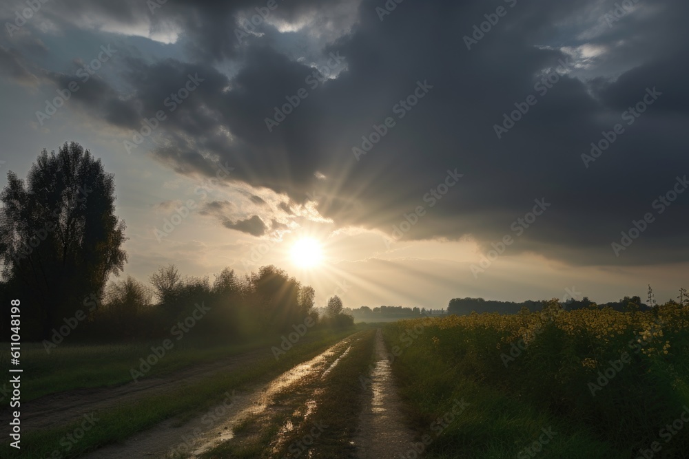 rural scene with sun peeking through the clouds, bringing rays of light, created with generative ai