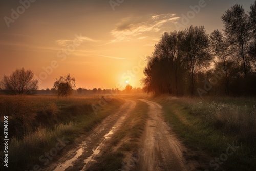 rural road during sunset, with the sun setting over the horizon, created with generative ai