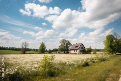 rural landscape with clear blue skies and puffy clouds, perfect for a warm summer day, created with generative ai