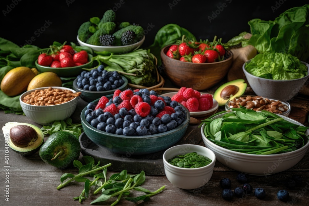 DASH diet. Flexitarian Diet. plenty of fruits, vegetables, whole grains, lean protein, and low-fat dairy products. health benefits, healthy nutrition. Generative AI DASH diet. Flexitarian Diet. plenty of fruits, vegetables, whole grains, lean protein, and low-fat dairy products. health benefits, healthy nutrition. Generative AI